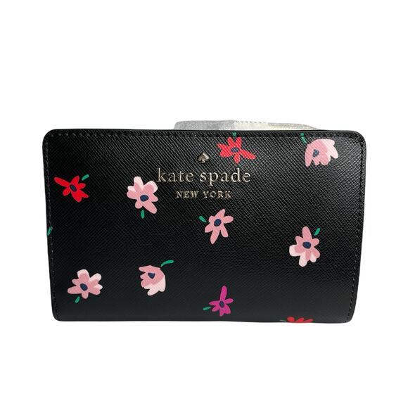 Kate Spade Staci Ditsy Buds Floral Medium Compact Bifold Wallet Black Multi New - Picture 1 of 6